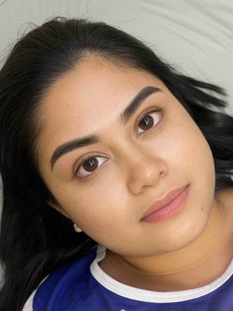 Close-up portrait of a woman with long dark hair, defined eyebrows, and natural makeup looking at camera