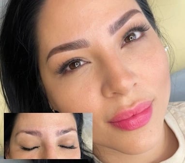 Woman displaying makeup with bright pink lips and defined eyebrows, with eyeliner detail shown in smaller inset photo