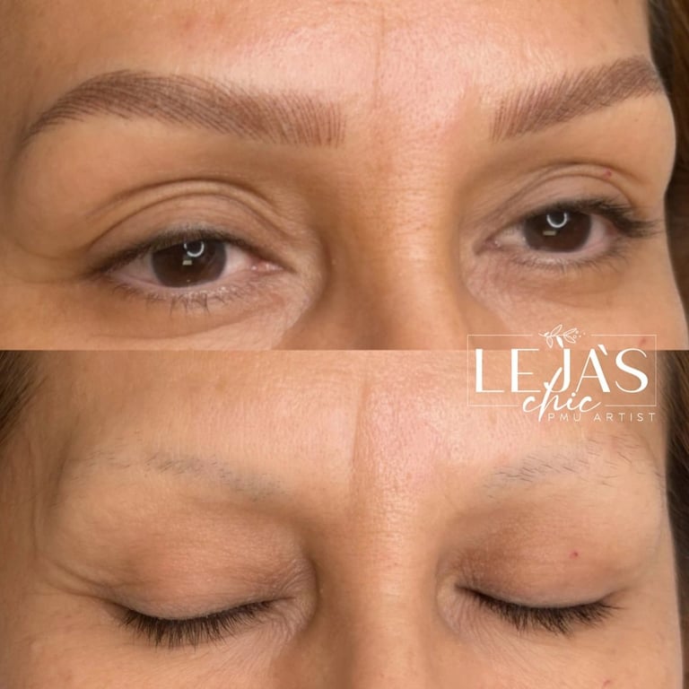 Before and after photos showing eyes open and closed, demonstrating eyelid treatment results by Le Jas Chic Artistry