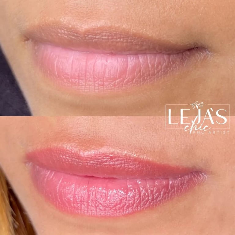 Before and after lip enhancement procedure showing fuller, more defined lips with enhanced color and volume