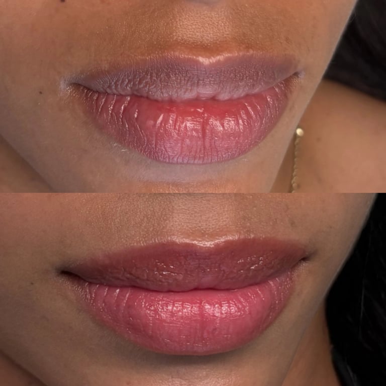 Before and after comparison of lip makeup application showing muted mauve and deeper burgundy lipstick shades