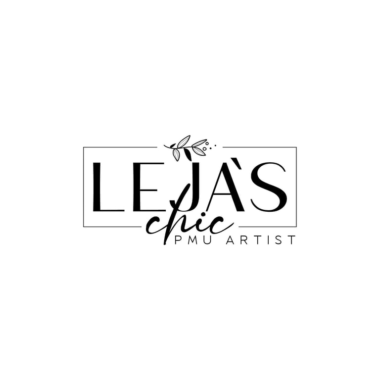 Lejas Chic PMU Artist logo with decorative leaf design and modern typography in a rectangular frame