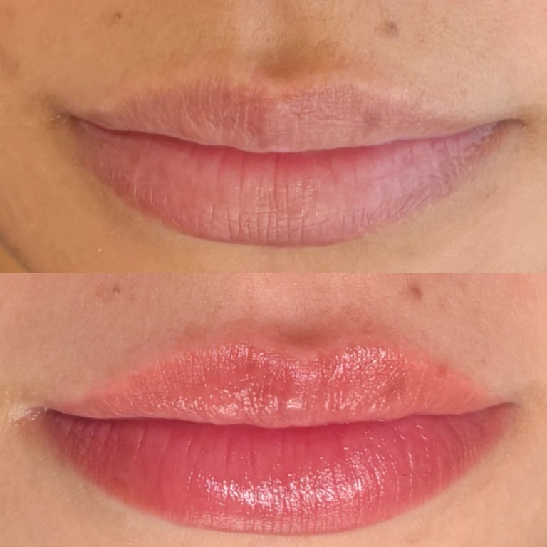 Before and after comparison of lip color enhancement, showing natural matte lips above and fuller glossy pink lips below