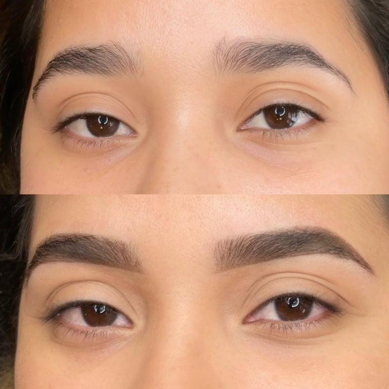 Before and after eyebrow comparison showing fuller, darker eyebrows in bottom image versus thinner, lighter eyebrows in top image