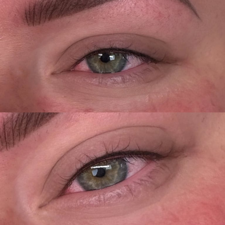 Before and after comparison of eye makeup application showing enhanced eyeshadow and eyeliner definition