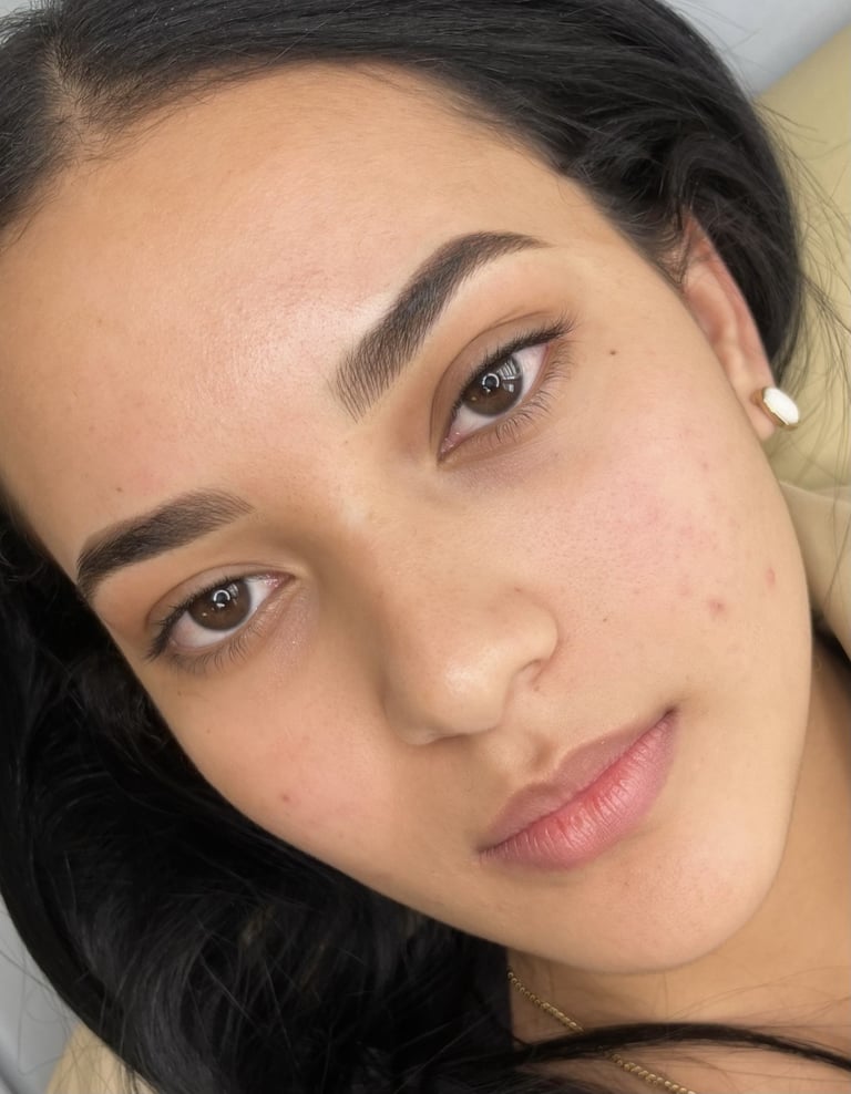 Close-up portrait of a woman with dark hair, shaped eyebrows, and natural makeup looking downward