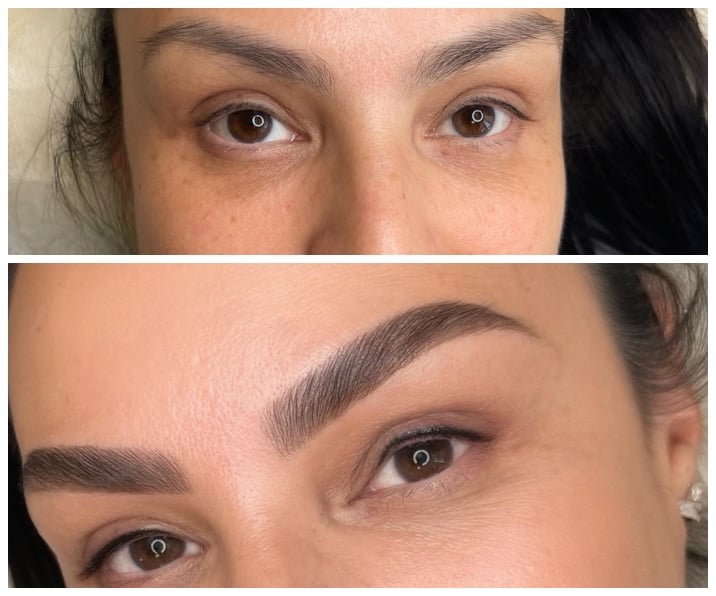 Before and after eyebrow microblading treatment showing sparse brows transformed to fuller, defined brows