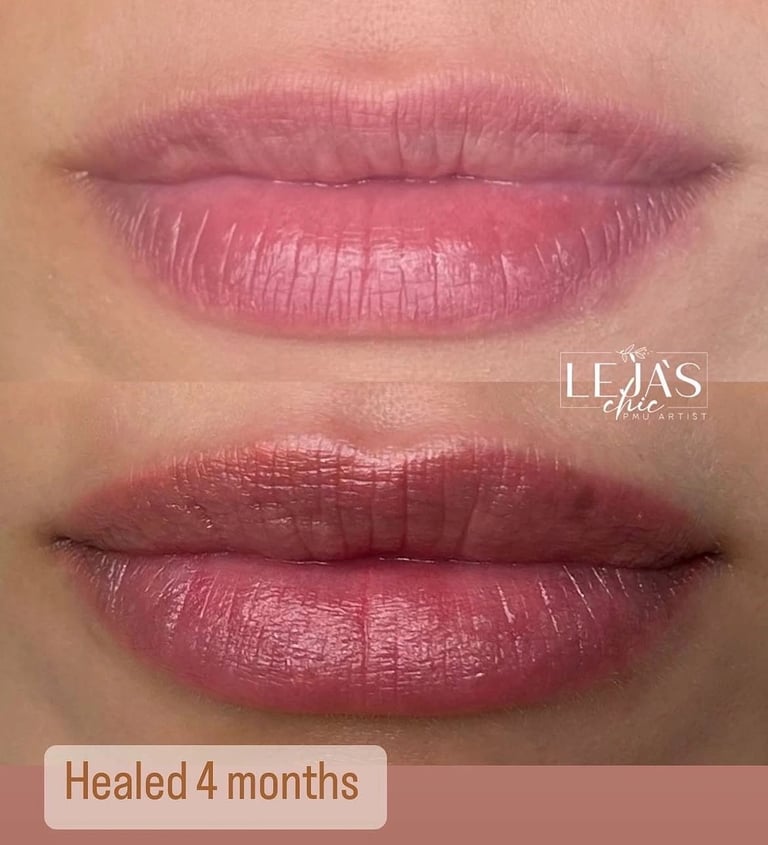 Lip tattoo before and after comparison showing healed results at 4 months with natural pink and burgundy tones