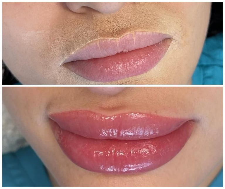 Before and after comparison of lip enhancement treatment showing fuller, more defined lips with deeper color.