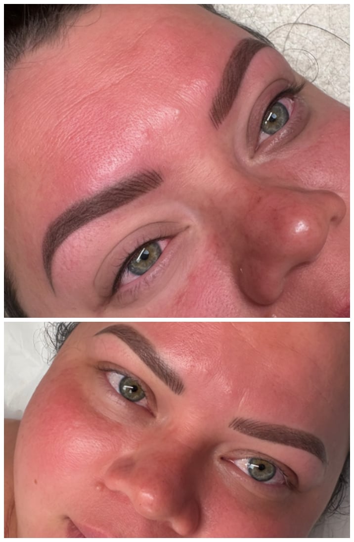 Before and after eyebrow microblading treatment showing fuller, darker brows with improved definition on a persons face