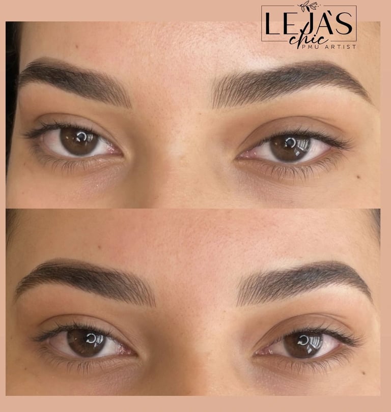 Before and after eyebrow microblading results by Lejas Chic PMU Artist showing fuller, defined brows