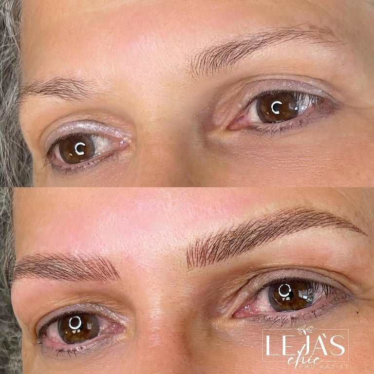 Before and after eyebrow microblading treatment showing fuller, defined brows with enhanced shape and color